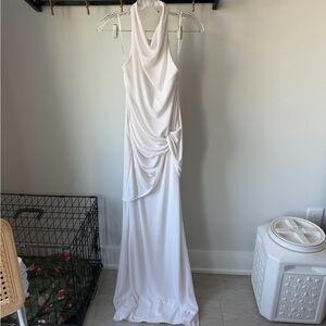 Anthropologie White Backless Draped Halter Evening Dress